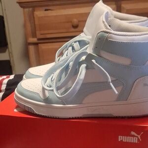 Puma Mid-Top Sneakers in White and Light Blue